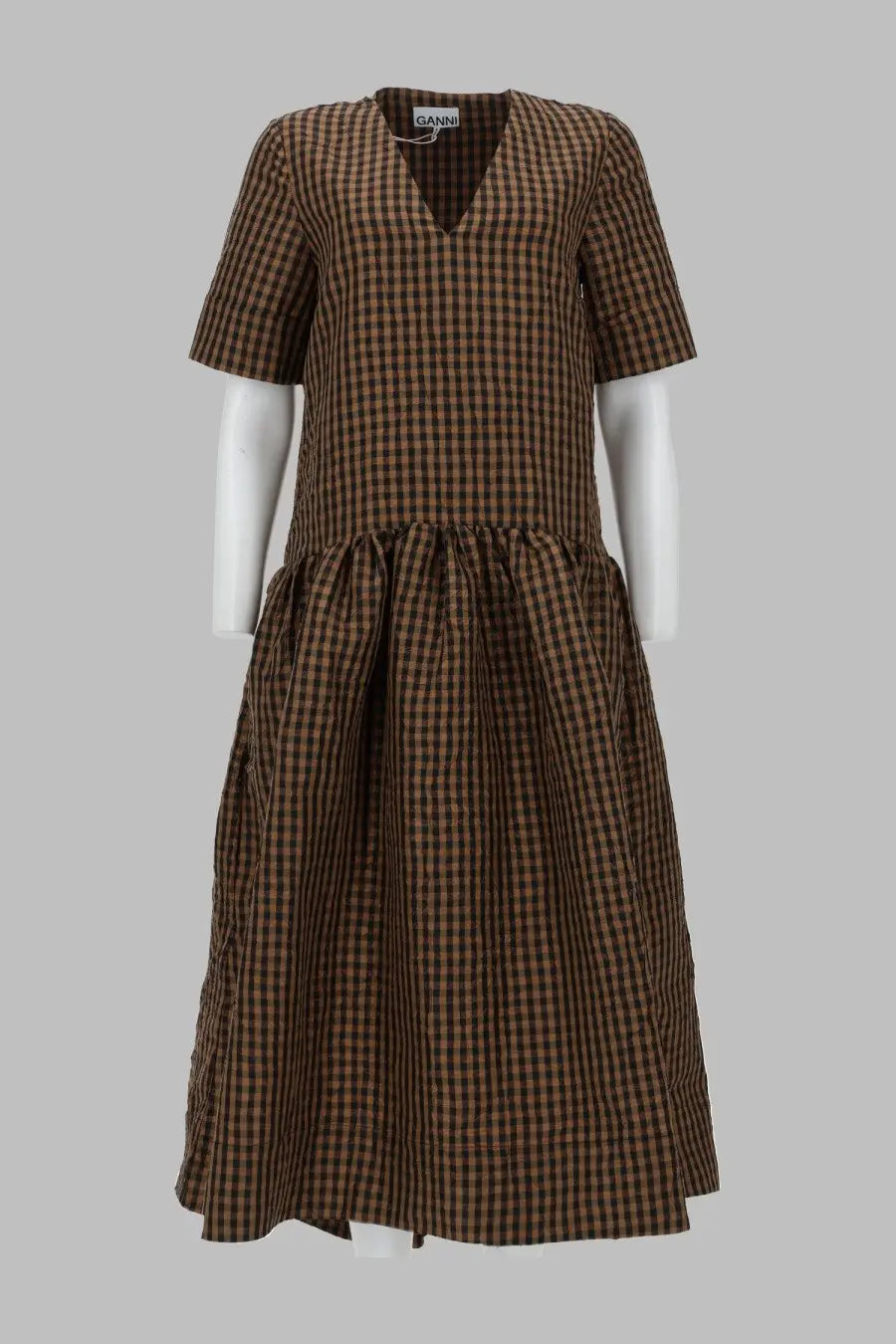 Ganni women’s abito con scollo brown dress with brown and black checkered pattern short sleeves gathered waist
