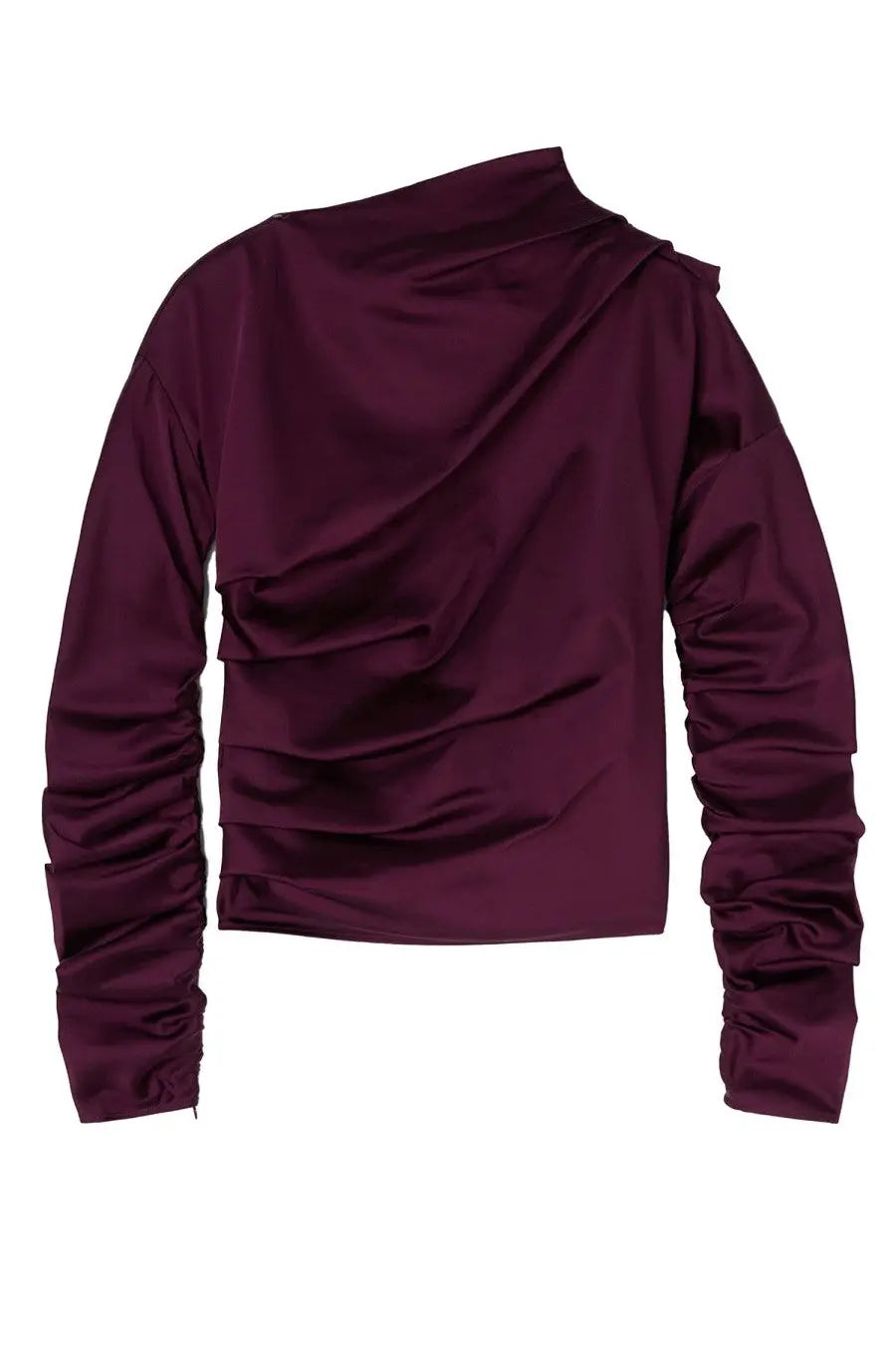 Ganni women’s articulated deep burgundy satin top with draped asymmetrical neckline and ruched long sleeves