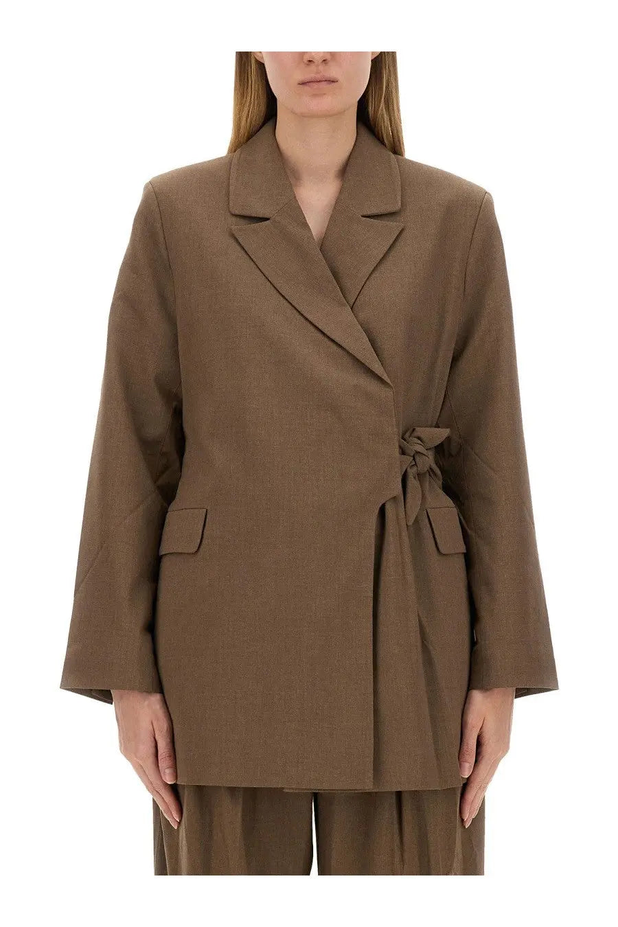 Ganni women’s asymmetrical blazer brown structured oversized with belted waist and notched lapels