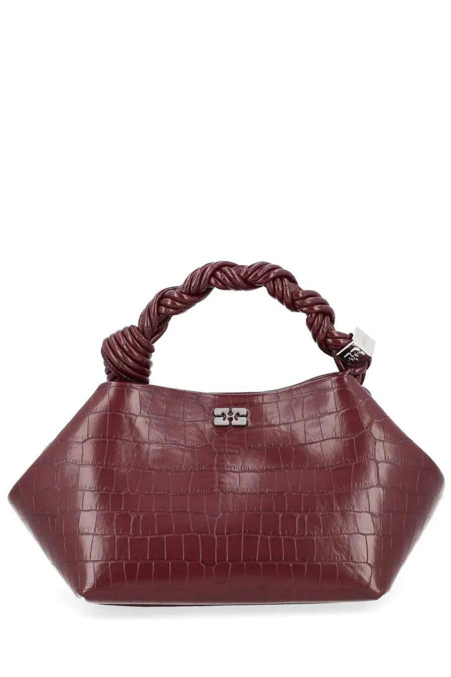 Ganni women’s bag bou red burgundy crocodile-embossed handbag with braided handle and silver-tone hardware