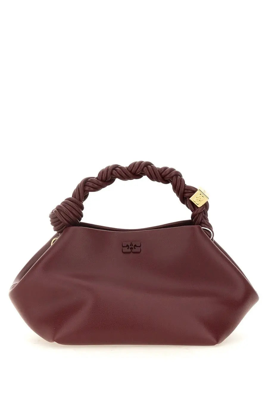 Ganni women’s burgundy leather bag bou small red with braided handle and gold tone hardware