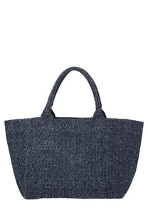 Dark blue textured tote bag with woven handles in medium size from Ganni women’s trapeze bear collection