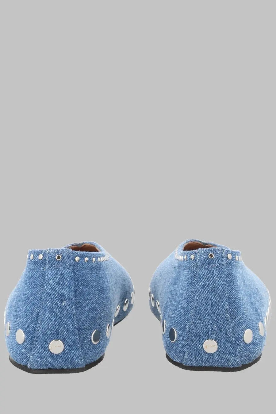 Ganni women’s ballerina jenny blue flat shoes in blue denim with silver studs along the sides and heel