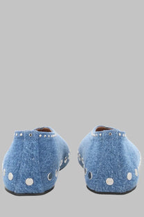 Ganni women’s ballerina jenny blue flat shoes in blue denim with silver studs along the sides and heel