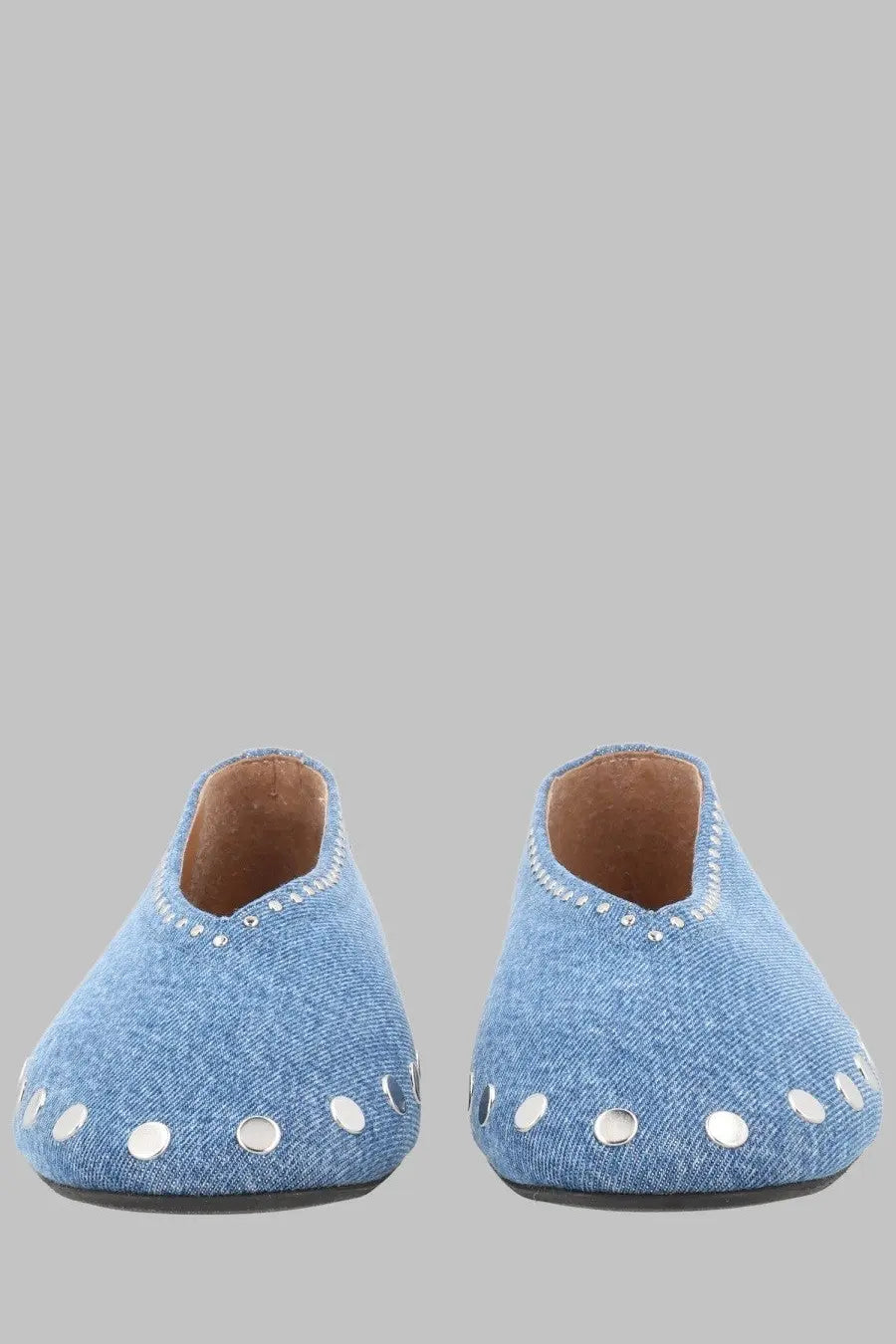 Ganni women’s ballerina jenny blue light blue denim slip-on mules with silver toned studs on toe and collar