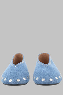 Ganni women’s ballerina jenny blue light blue denim slip-on mules with silver toned studs on toe and collar