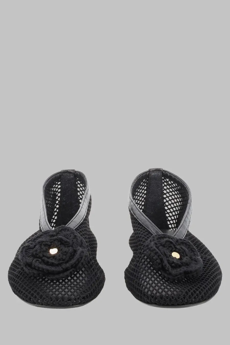 Ganni women’s ballerina Jenny black mesh baby sandals with crocheted flower embellishment and gold center