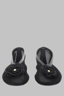Ganni women’s ballerina Jenny black mesh baby sandals with crocheted flower embellishment and gold center