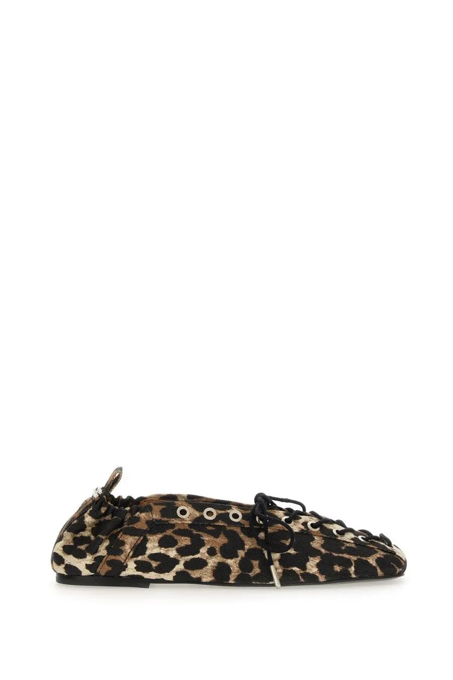 Ganni women’s ballerina lace pattern flat shoe in leopard print with black laces and silver eyelets