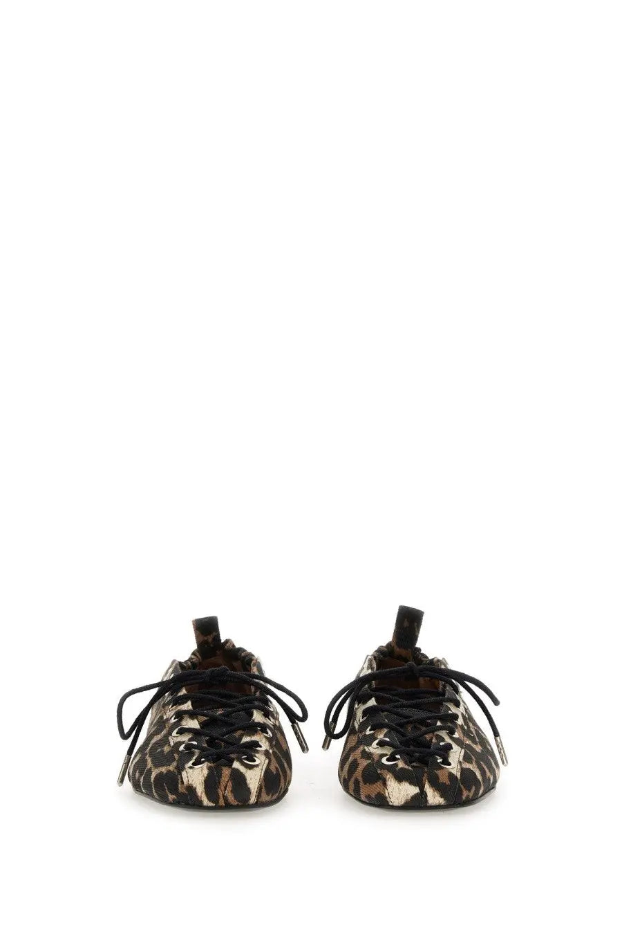 Ganni women’s ballerina lace pattern leopard-print suede low-top sneakers with black laces and classic lace-up design