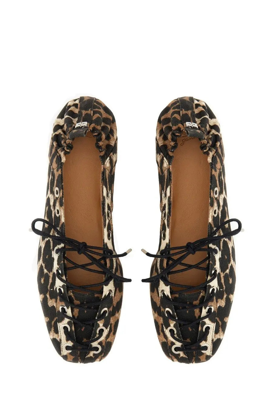 Ganni women’s ballerina lace pattern leopard-print lace-up flats with black laces and square toe design
