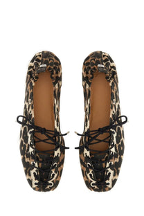 Ganni women’s ballerina lace pattern leopard-print lace-up flats with black laces and square toe design