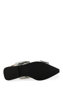 Ganni women’s ballerina silver flat shoe with silver metallic buckle and black rubber sole