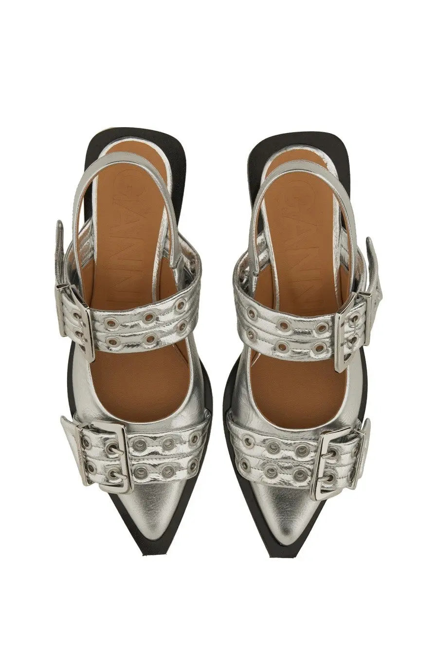Ganni women’s ballerina silver metallic buckle sandals with pointed toes and black soles