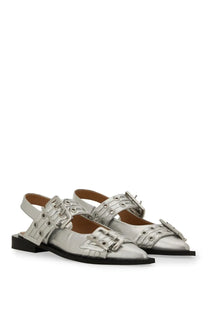 Ganni women’s ballerina silver metallic leather sandals with multiple buckle straps and pointed toe design