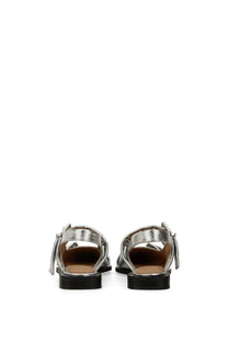 Ganni women’s ballerina silver metallic sandals with flat black sole and decorative tassels on the straps
