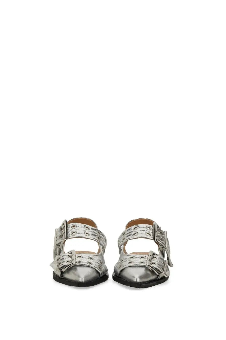 Ganni women’s ballerina silver metallic sandals with multiple adjustable straps and decorative buckles