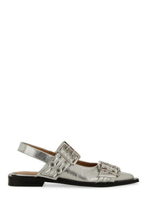 Silver metallic ballerina sandals by ganni with two buckle straps and flat black sole for women