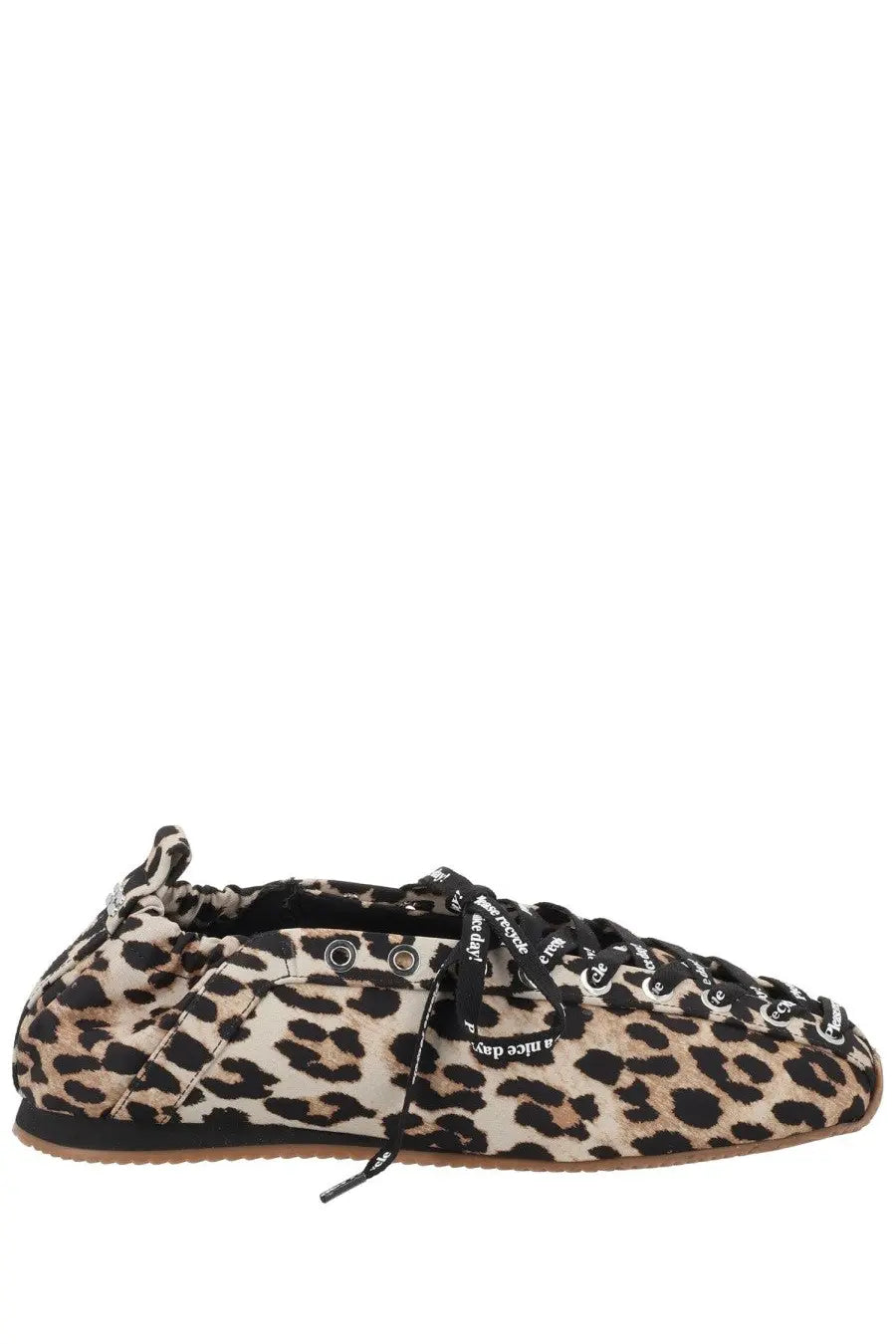 Ganni women’s ballerina sporty pattern slip-on shoe with leopard print, black laces, rubber sole, and a nice day text