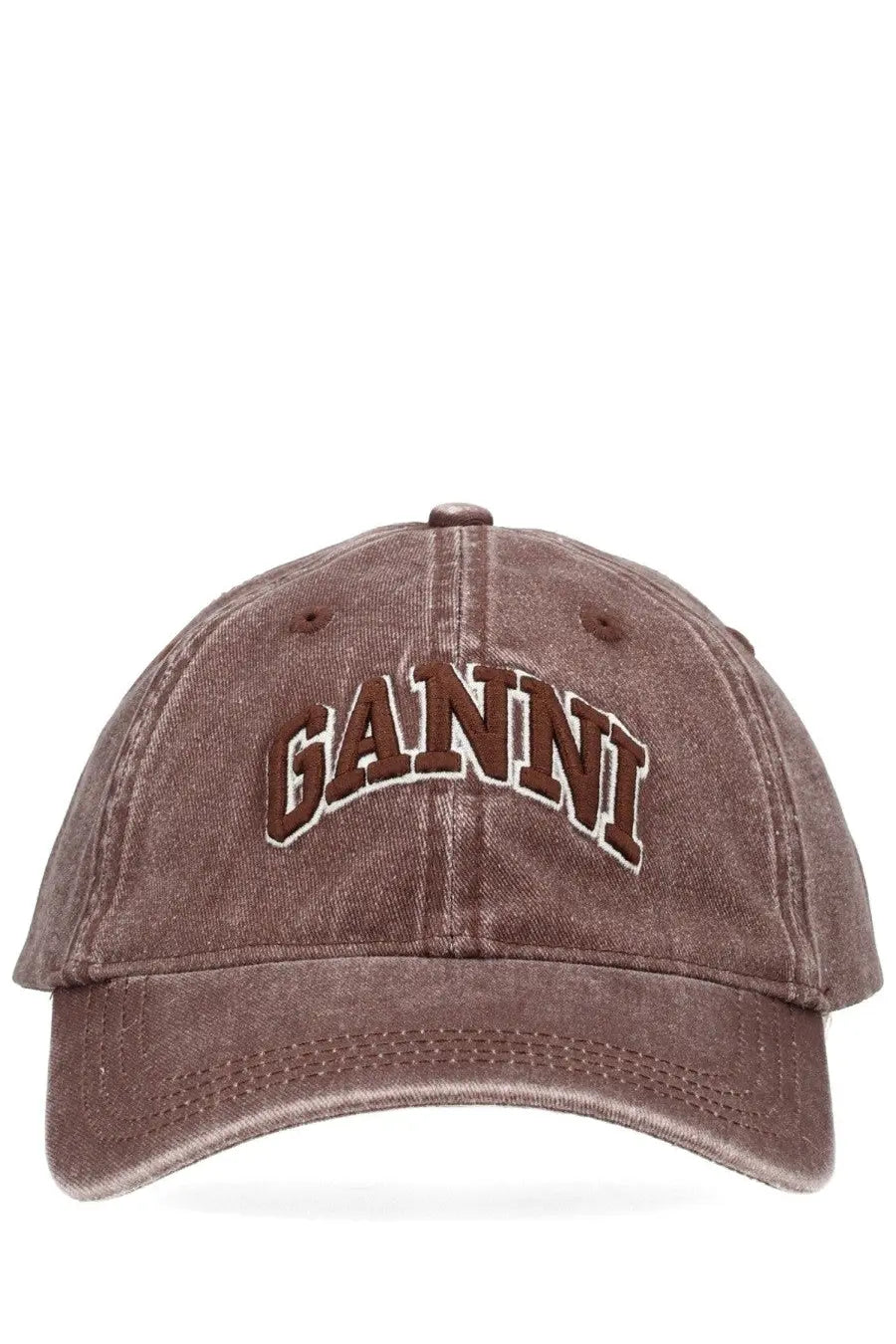 A faded brown ganni women’s baseball cap with distressed vintage look and arched embroidery