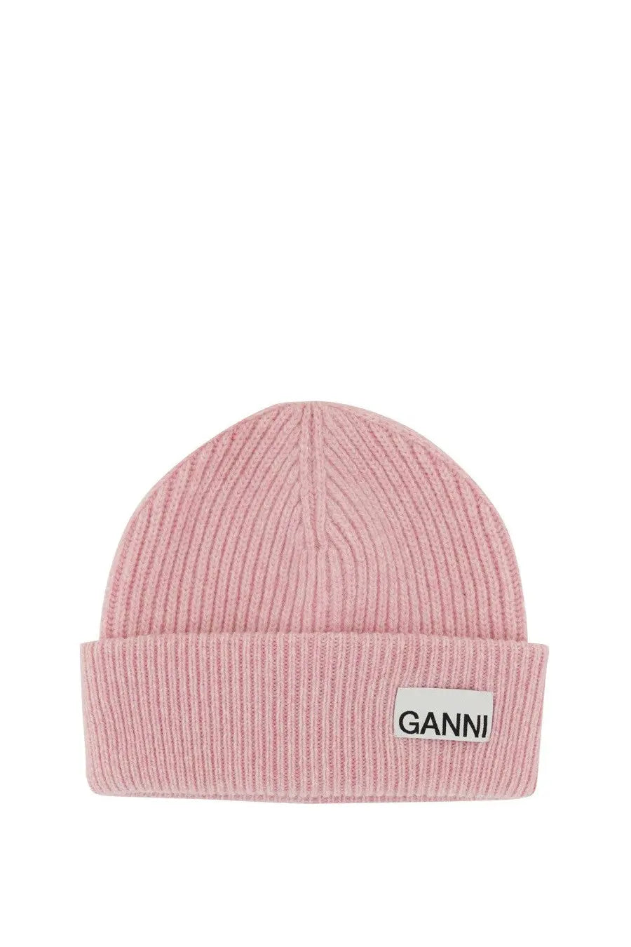 Ganni women’s pink ribbed knit beanie hat with white logo patch on folded brim