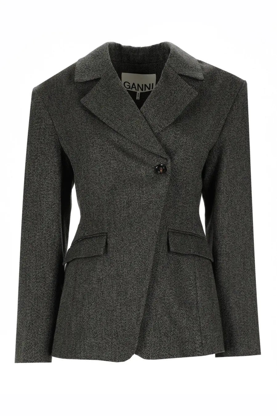 Ganni women’s mouline green dark gray textured wool blazer with notched collar and two front pockets