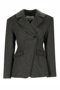 Ganni women’s mouline green dark gray textured wool blazer with notched collar and two front pockets