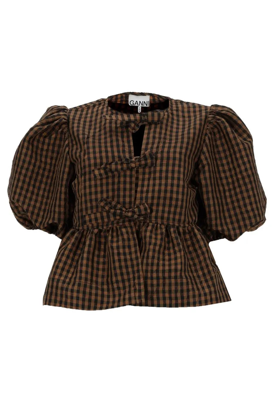 Ganni women’s brown and black checkered blouse with puffed sleeves and peplum hem in taffetà fabric