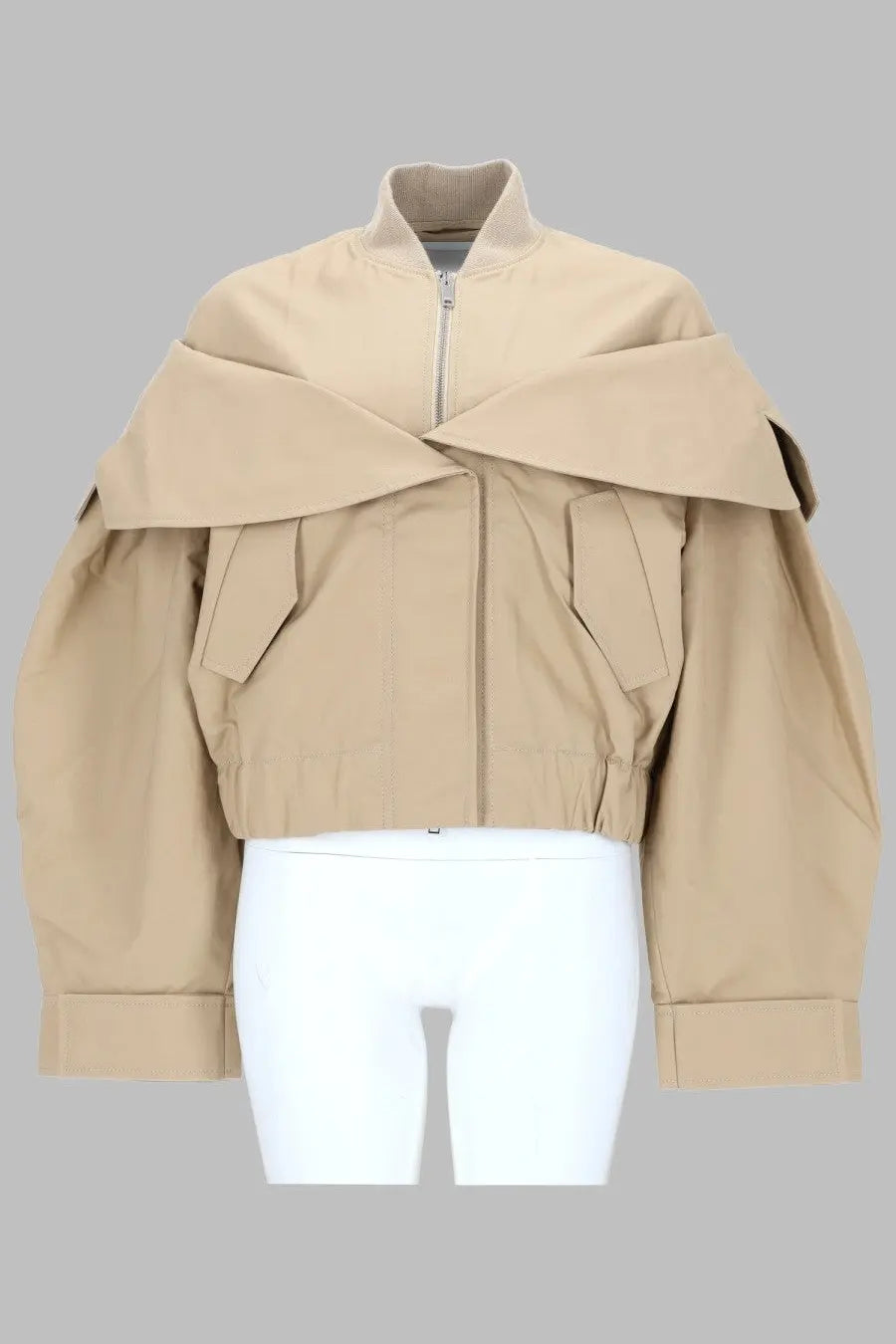 Ganni women’s beige cropped bomber jacket in cotton with wide overlapping shoulder panels and utility pockets