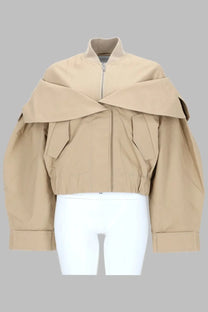 Ganni women’s beige cropped bomber jacket in cotton with wide overlapping shoulder panels and utility pockets