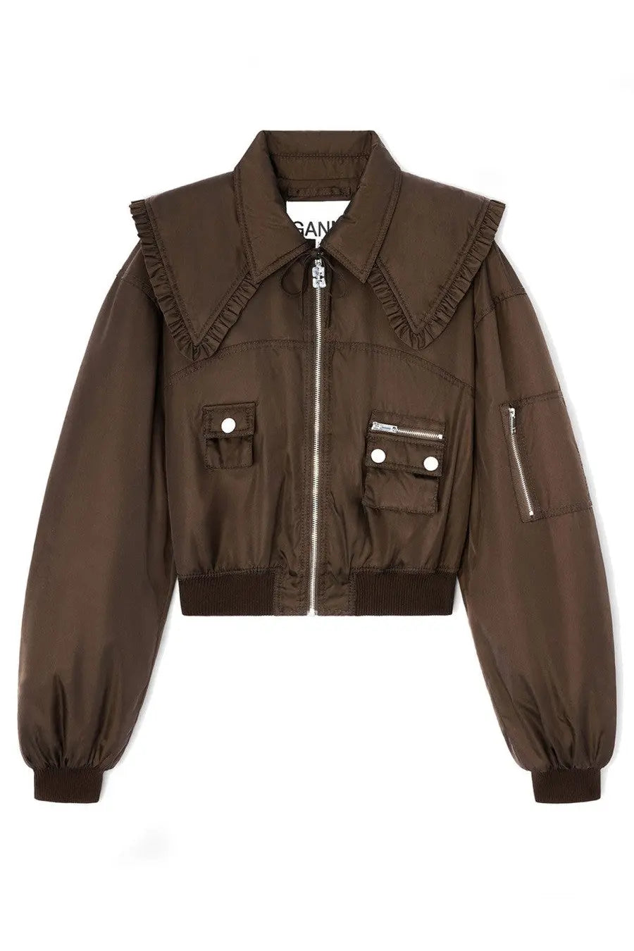 Ganni women’s duchesse black bomber jacket with brown ruffled collar front zipper and flap pockets with button closures