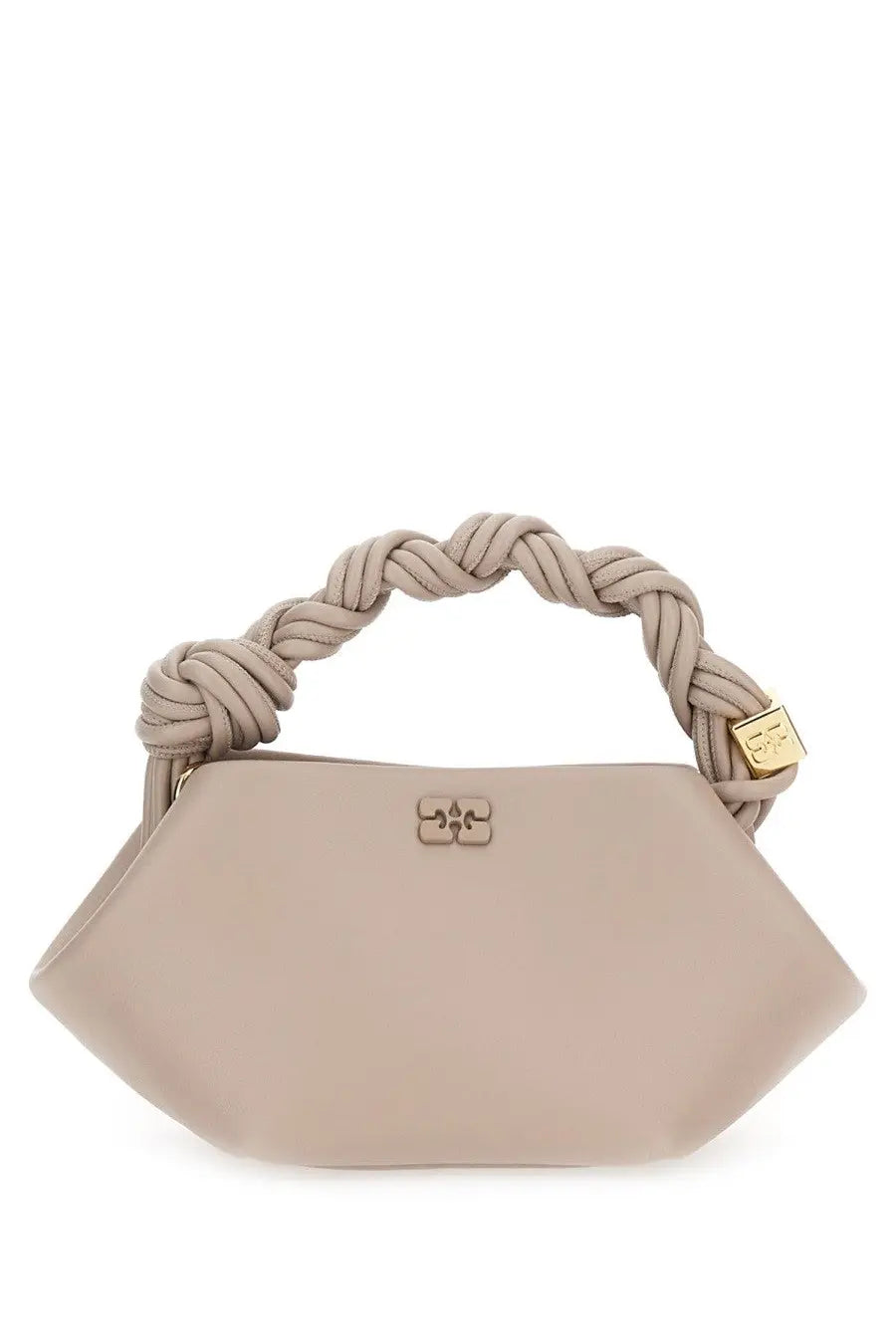 Ganni women’s borsa bou mini grey beige leather handbag with braided handle and gold-tone hardware
