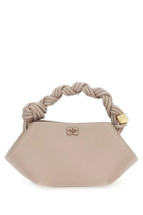 Ganni women’s borsa bou mini grey beige leather handbag with braided handle and gold-tone hardware