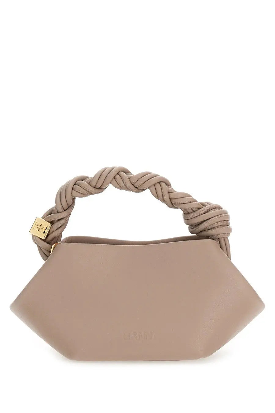 Beige leather ganni women’s borsa bou mini grey handbag with braided rope handle and gold-tone hardware
