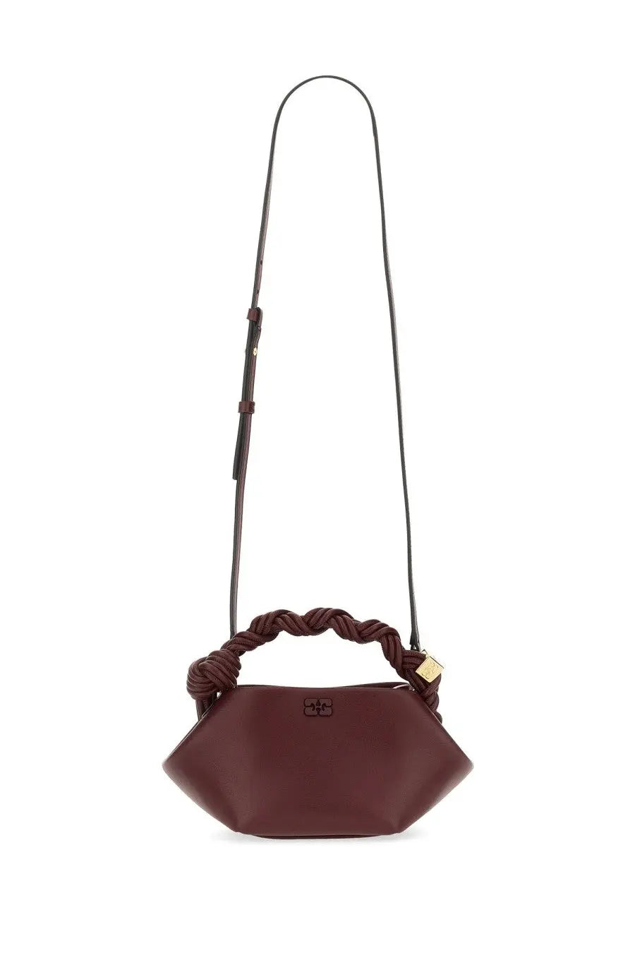 Ganni women’s borsa bou mini red burgundy leather handbag with braided handle and gold-tone hardware
