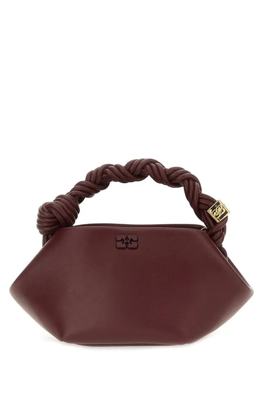 A burgundy leather handbag with braided handle and gold-tone hardware from ganni womens borsa bou mini red collection