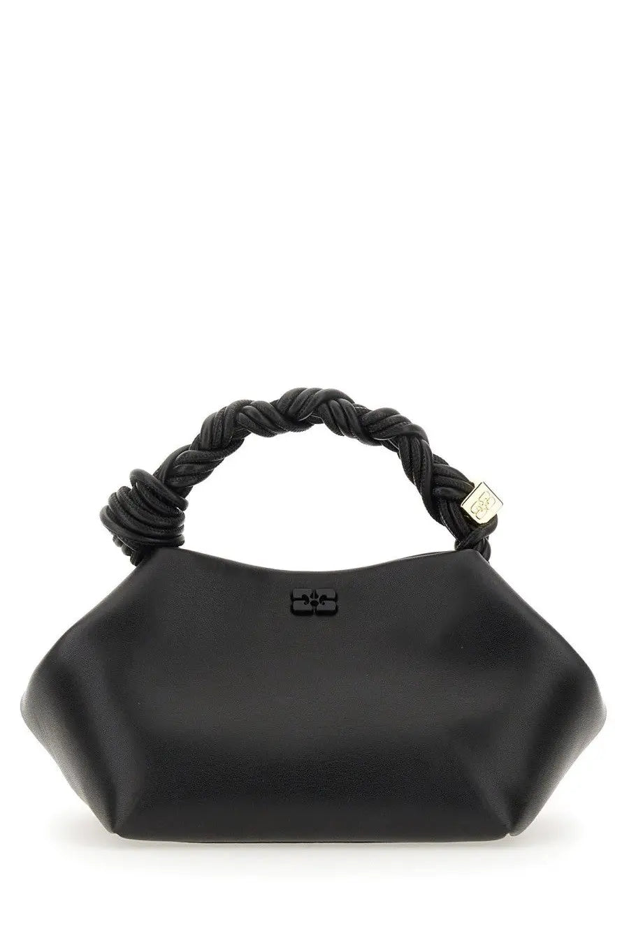 Ganni women’s borsa bou small black leather handbag with braided handle and small metallic logo plaque