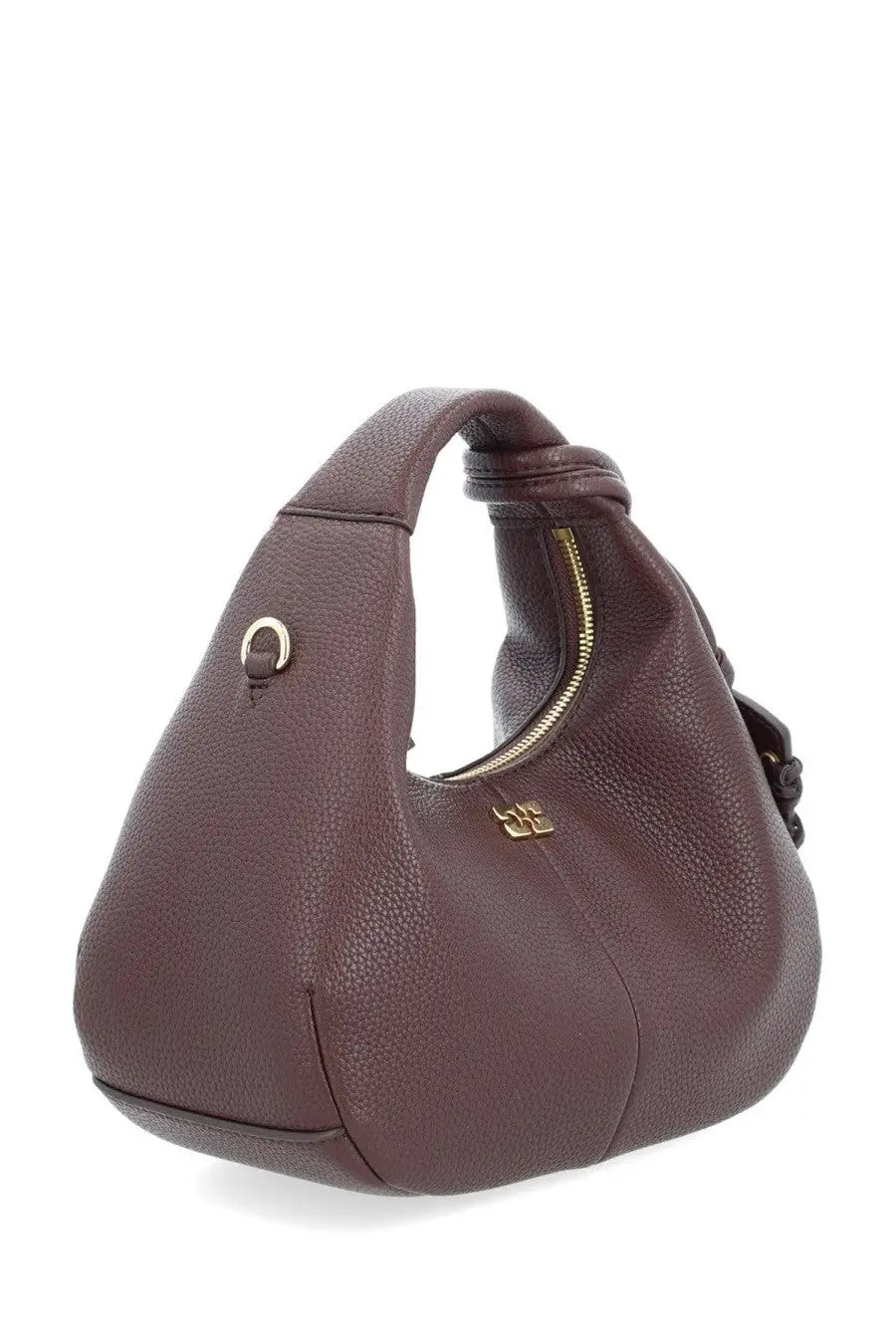 A Ganni women’s borsa hobo small brown bag in brown pebbled leather with gold-tone zipper and logo hardware