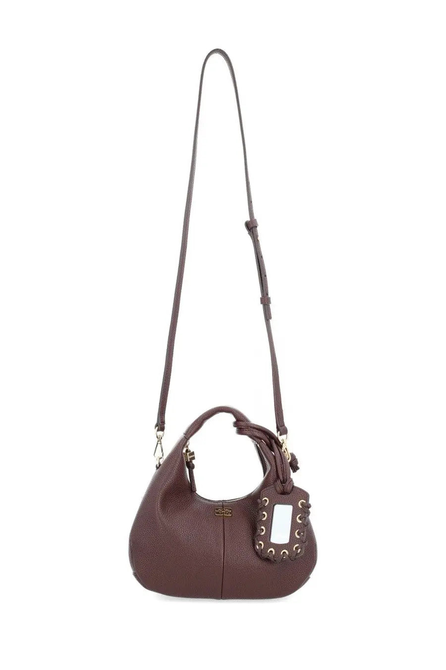 Ganni women’s borsa hobo small brown pebbled leather bag with detachable shoulder strap and gold-tone hardware