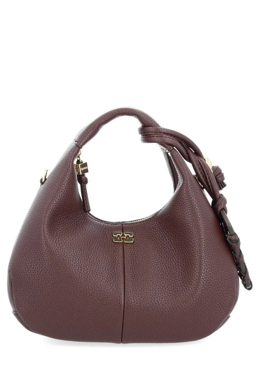 Ganni women’s borsa hobo small brown bag in pebbled leather with braided strap and gold-tone hardware