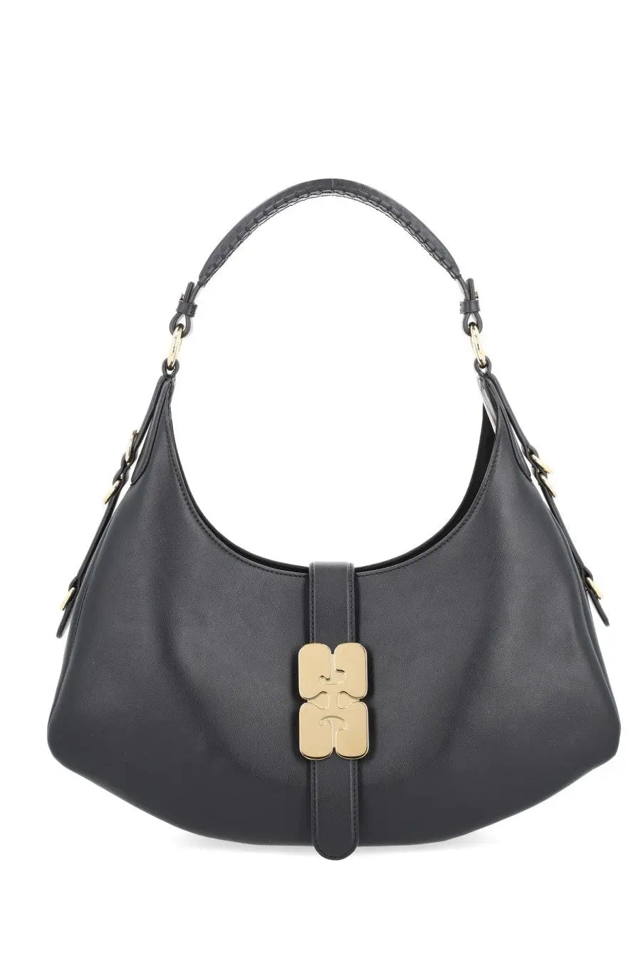 Black leather hobo bag with distinctive gold-tone clasp ganni womens borsa kat small black model