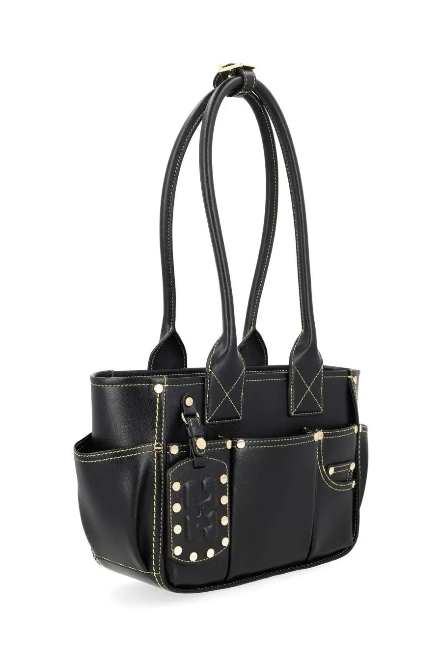 Ganni women’s borsa pose small black leather tote bag with gold-tone hardware and studded front pocket