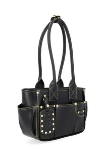 Ganni women’s borsa pose small black leather tote bag with gold-tone hardware and studded front pocket