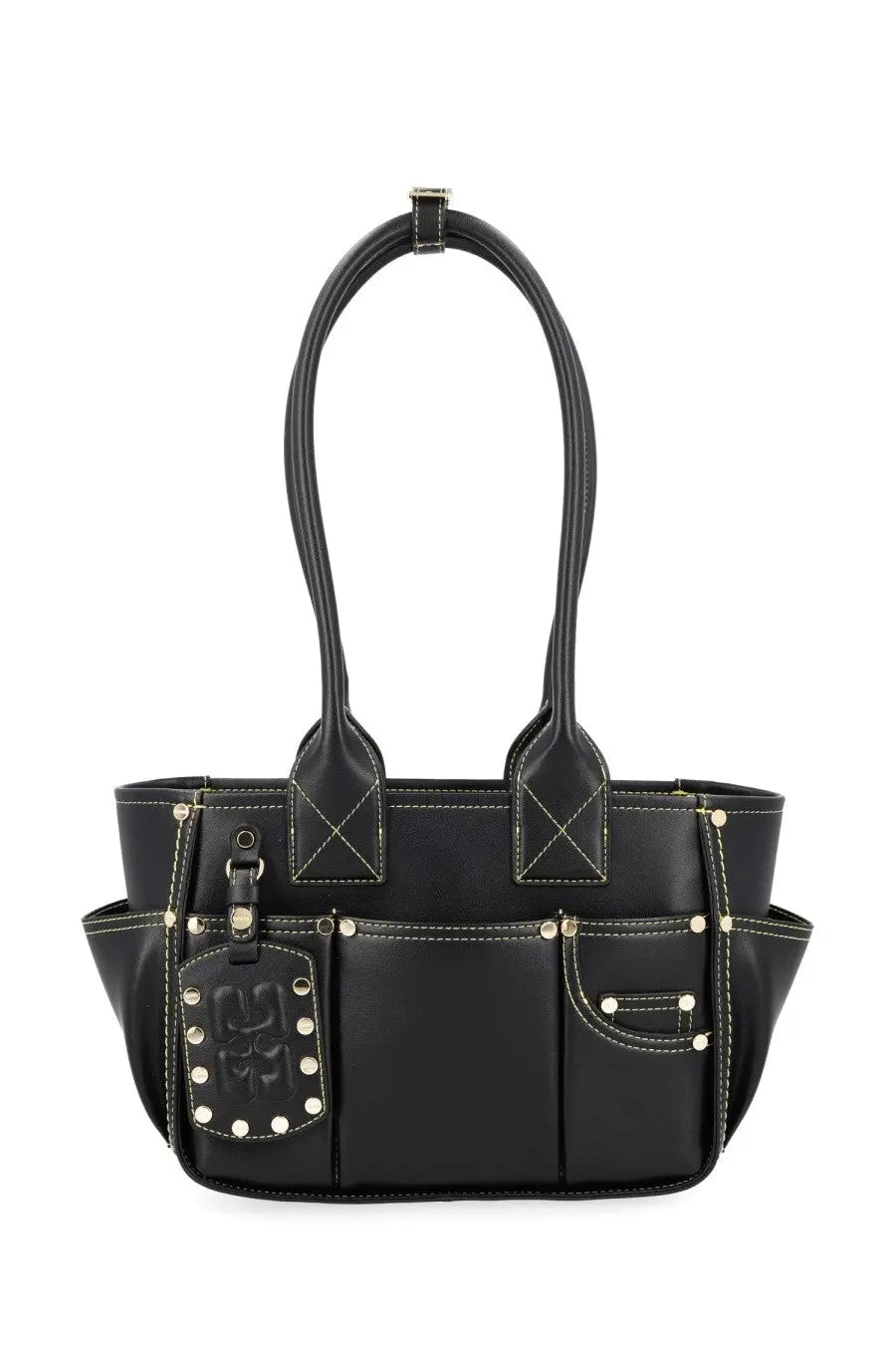 Ganni women’s borsa pose small black leather tote bag with silver toned hardware and contrasting stitching