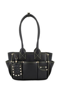 Ganni women’s borsa pose small black leather tote bag with silver toned hardware and contrasting stitching