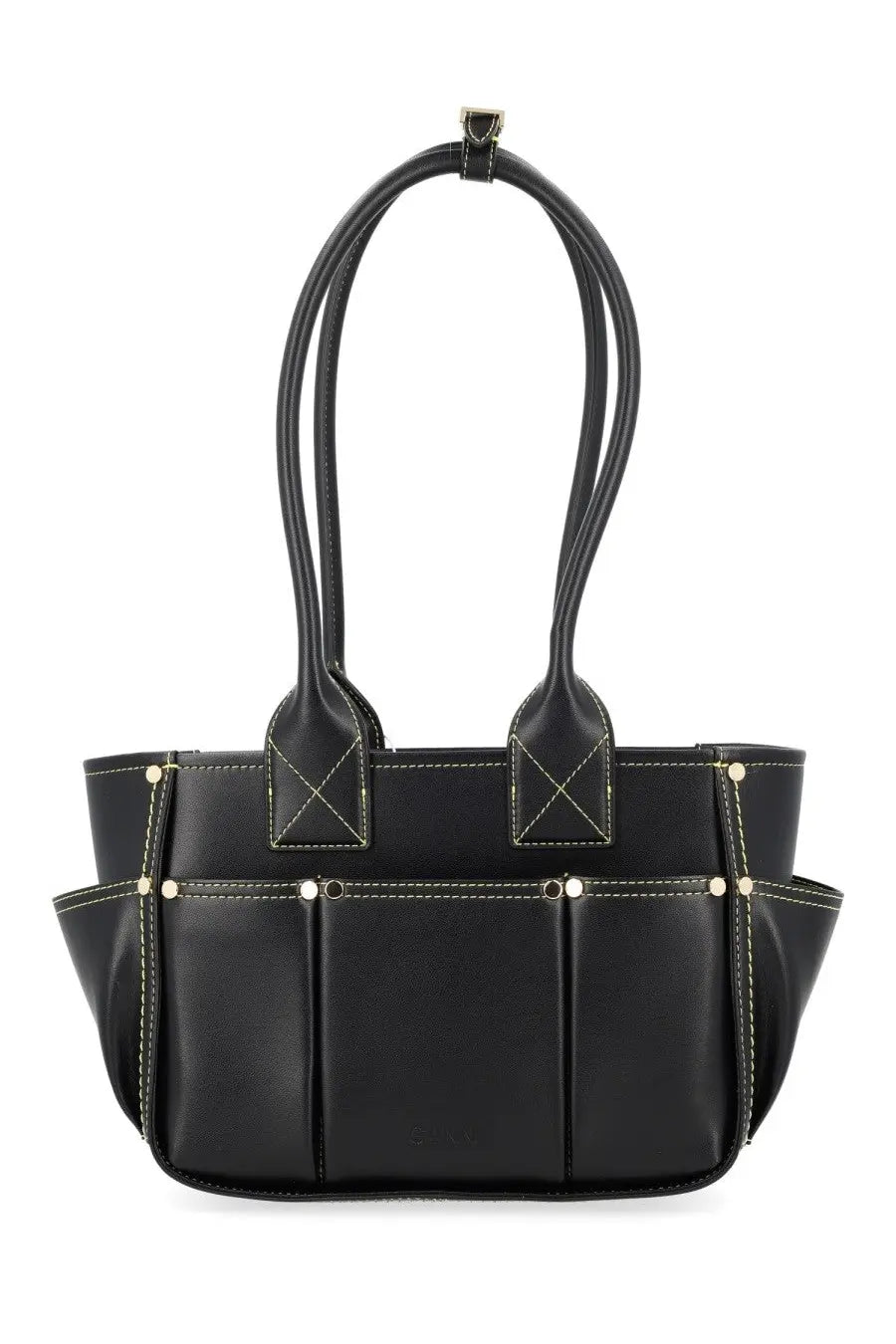 Ganni women’s borsa pose small black leather tote bag with white stitching and silver hardware accents