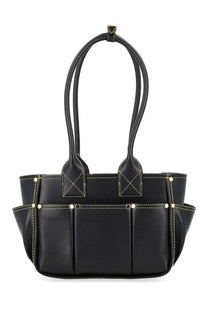 Ganni women’s borsa pose small black leather tote bag with white stitching and silver hardware accents