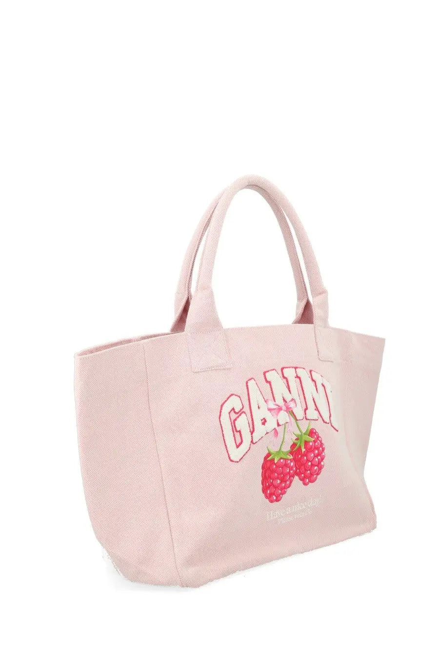 Pink canvas tote bag with raspberry graphic and embroidered ganni lettering from ganni women’s borsa raspberry medium blue