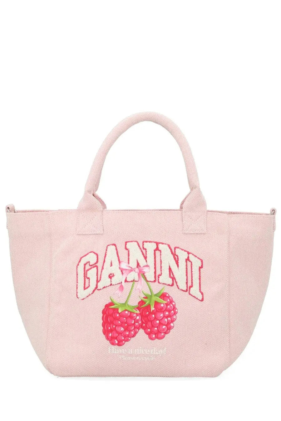 Pink canvas tote bag with bold white ganini logo and pink trim above two red raspberries from Ganni Women’s Borsa Raspberry Small Blue