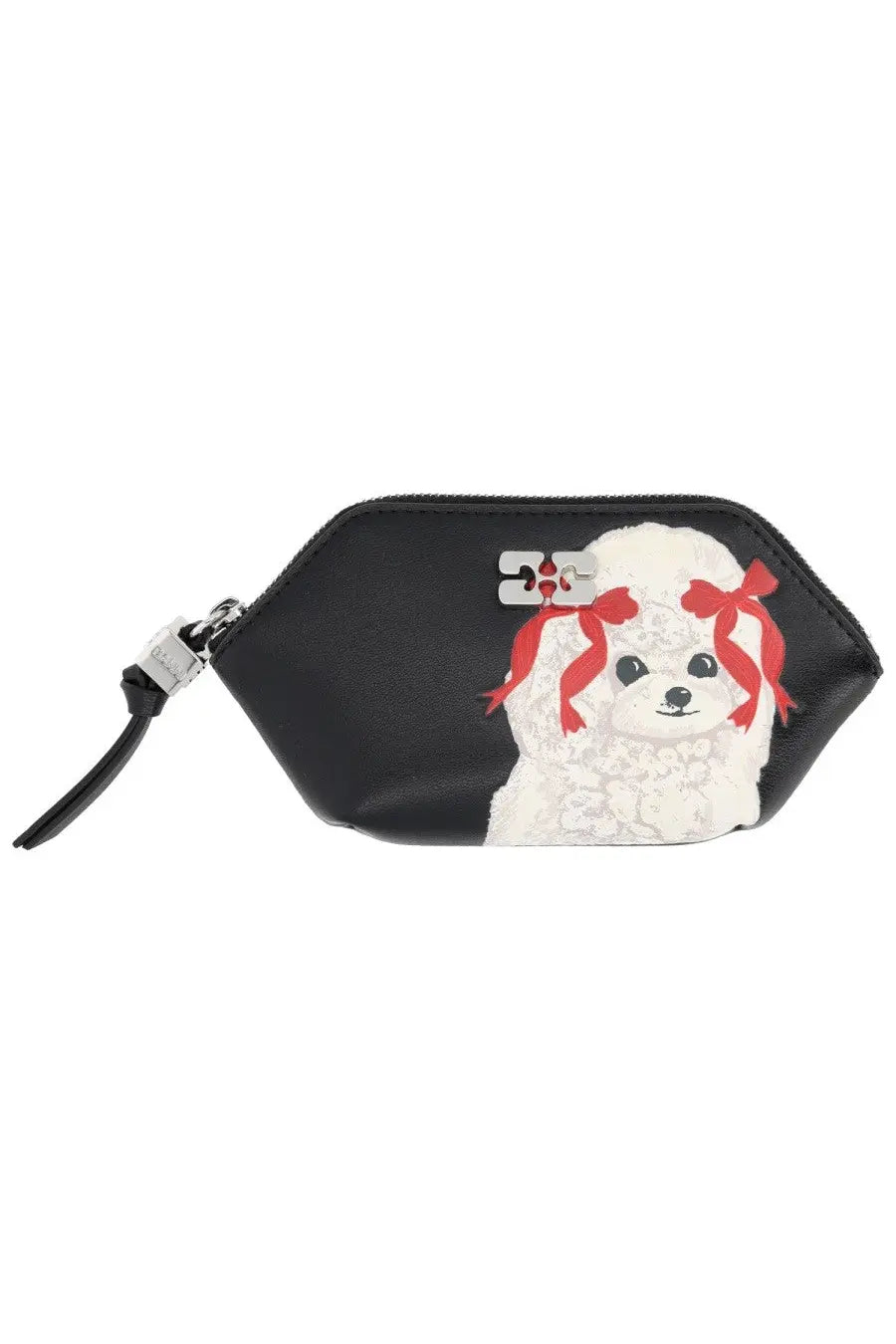 Black leather coin purse featuring a white poodle with red bows and the Ganni logo on the forehead